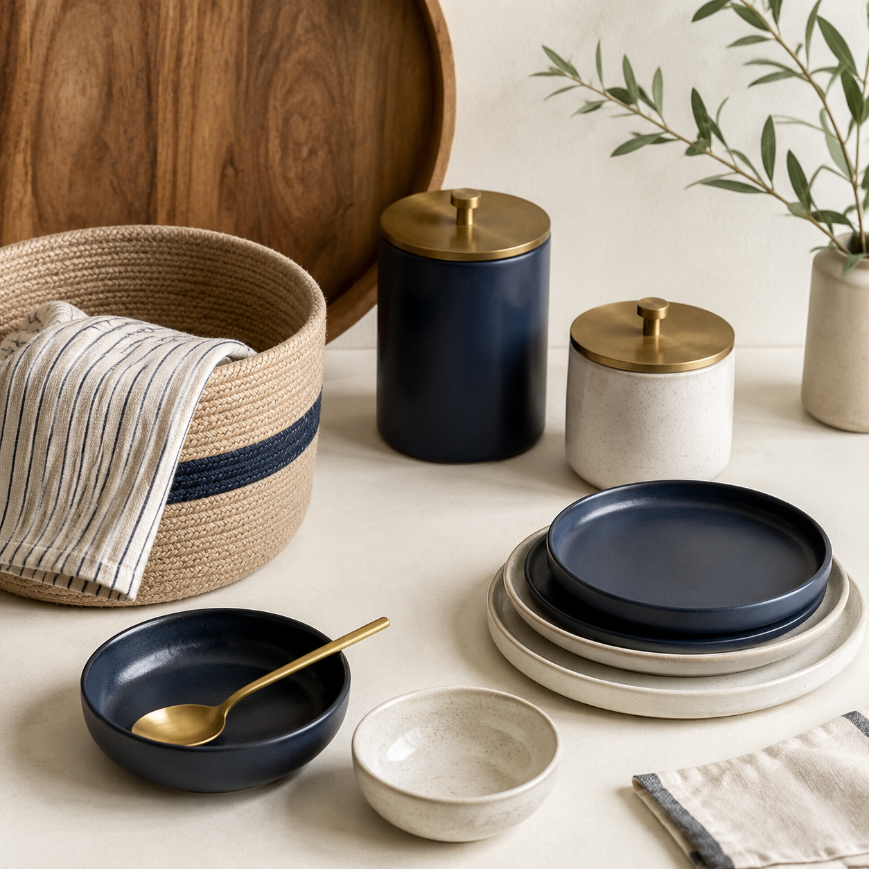 A flat-lay of compact-kitchen homeware from Admiral House