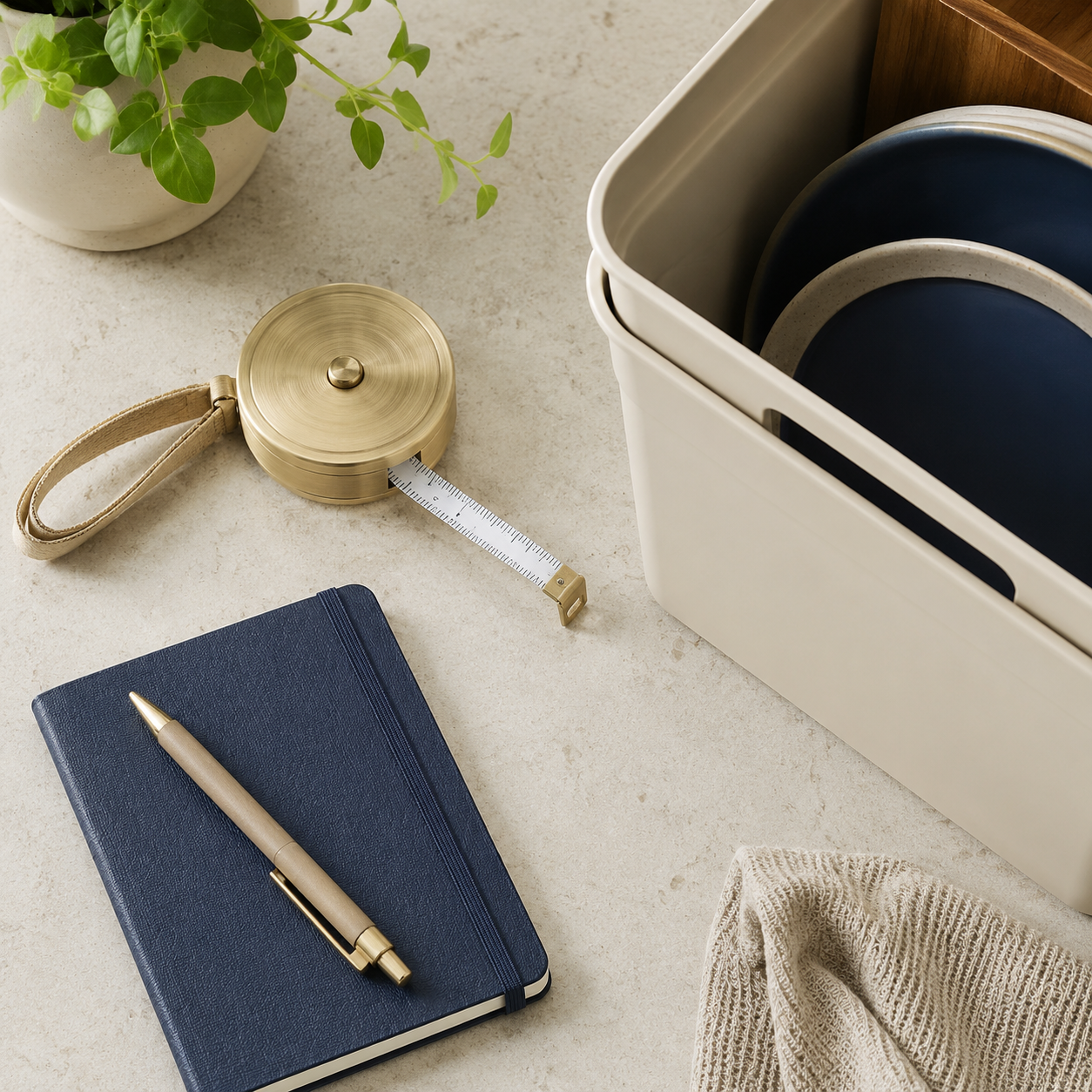 Measuring a compact kitchen worktop before choosing storage